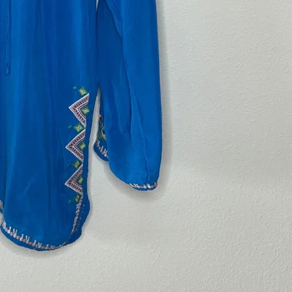 JOHNNY WAS Blue Embroidered Tunic Top Long Sleeve V Neck Floral Geometric - Picture 5 of 10